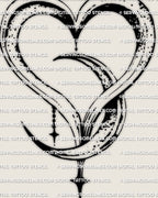 Heart moon tattoo stencil design, crescent loop heart with inner moon arc, bead charm drop and pointed pendant, high contrast lines.