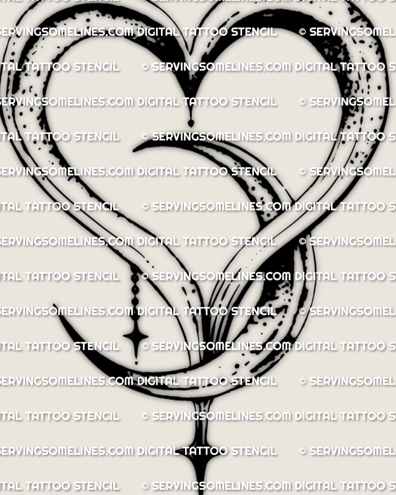Heart moon tattoo stencil design, crescent loop heart with inner moon arc, bead charm drop and pointed pendant, high contrast lines.