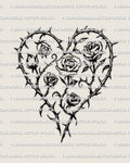 Heart of roses tattoo stencil design, heart silhouette formed by rose heads and leaves, clean linework on light background.