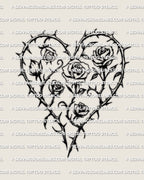 Heart of roses tattoo stencil design, heart silhouette formed by rose heads and leaves, clean linework on light background.
