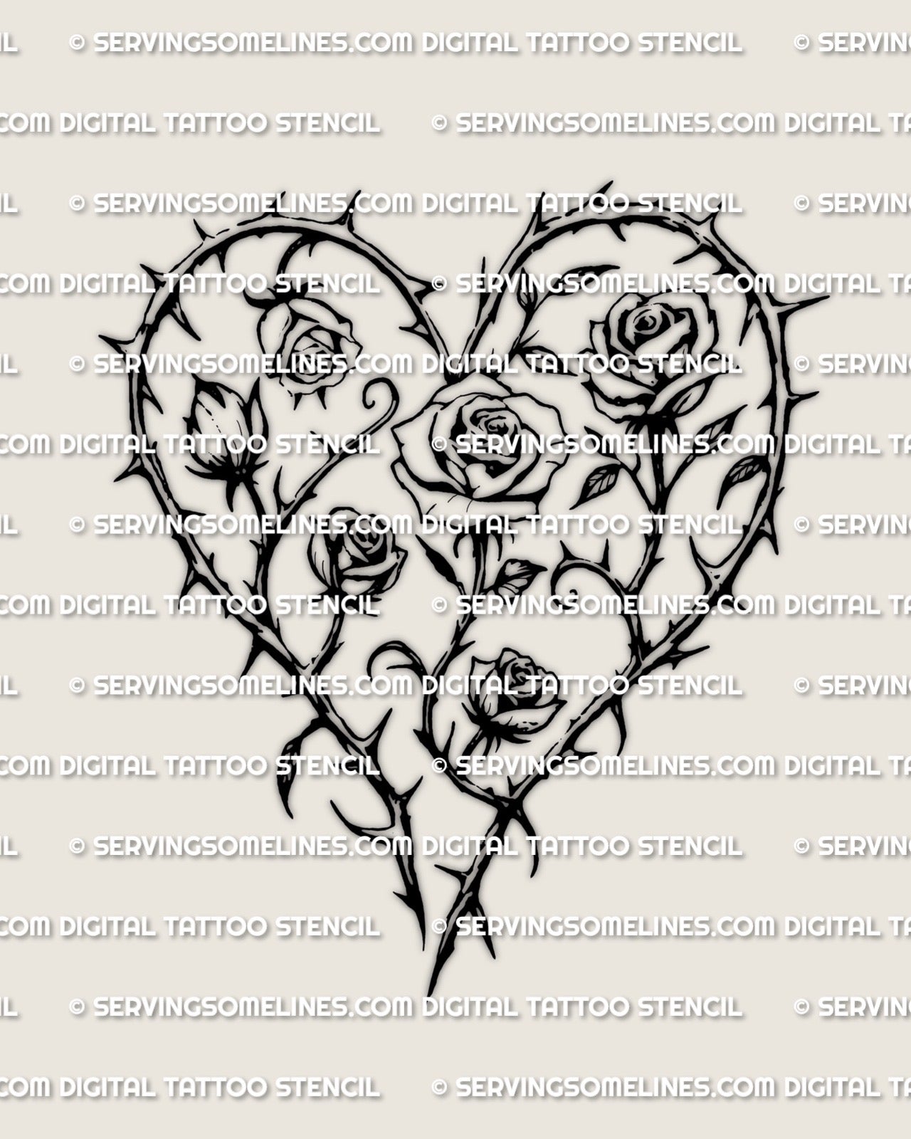 Heart of roses tattoo stencil design, heart silhouette formed by rose heads and leaves, clean linework on light background.