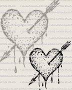 Heart pierced by arrow tattoo design, bold outline with gritty dot texture, simple emblem style arrow and heart stencil file for sizing.