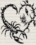 Heart scorpion tattoo stencil with scorpion body shaping a heart outline, arched tail stinger, sharp pincers, bold black silhouette.