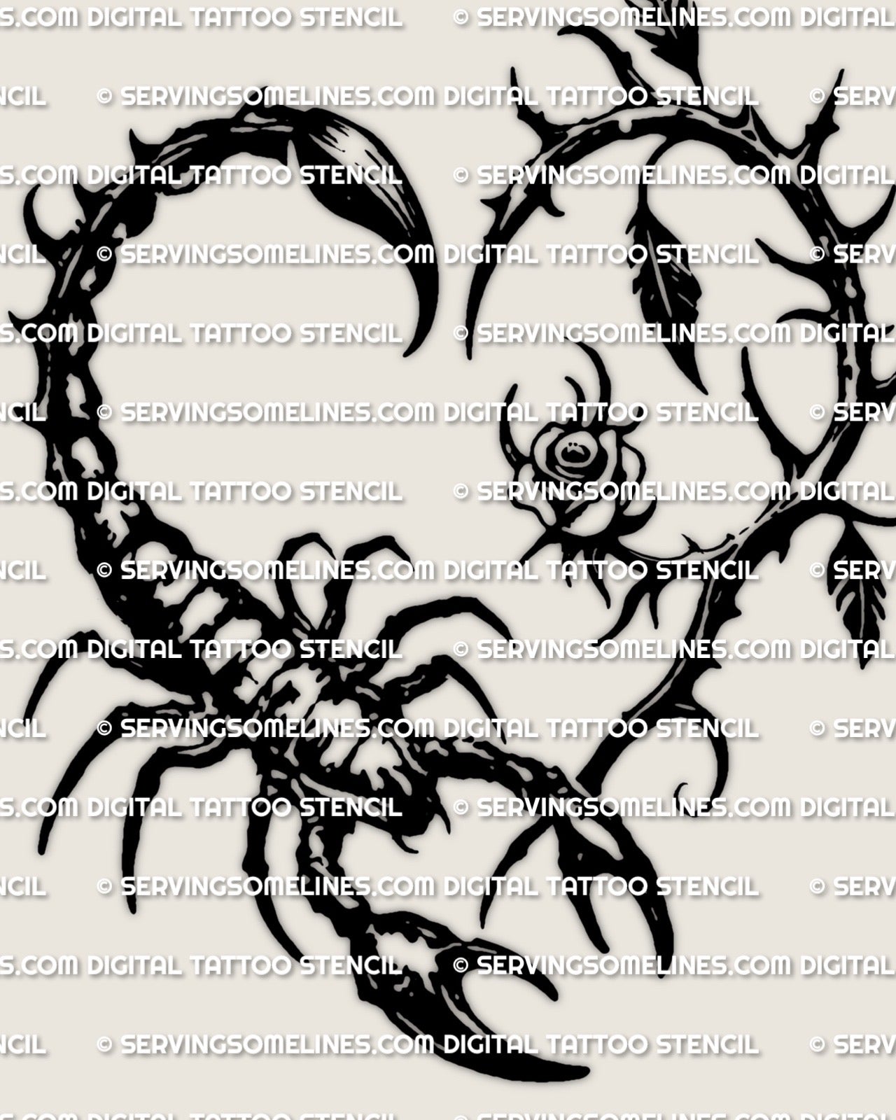 Heart scorpion tattoo stencil with scorpion body shaping a heart outline, arched tail stinger, sharp pincers, bold black silhouette.