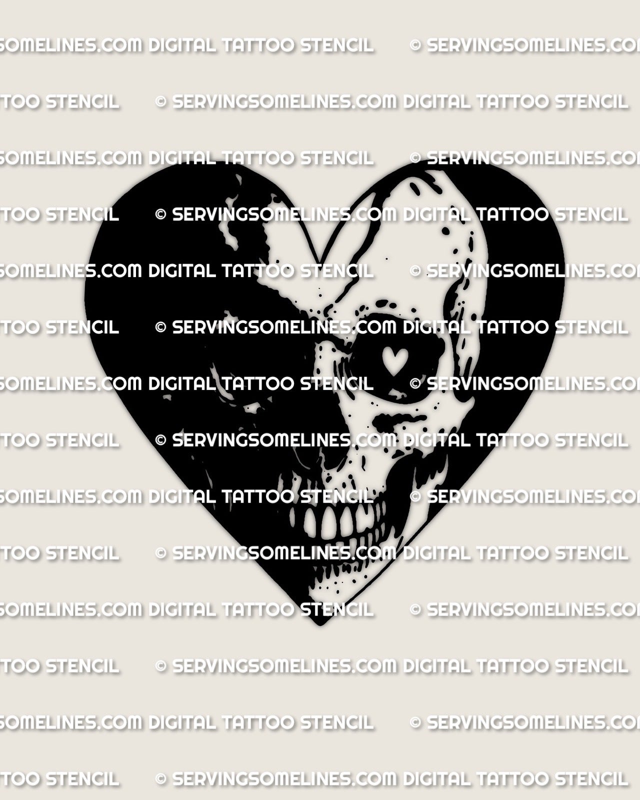 Heart skull tattoo stencil, skull mask split inside a heart, gothic heart tattoo look, heart shaped eye highlight, printable PNG and PDF