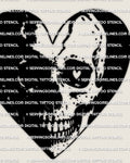 Heart skull tattoo stencil design, split black heart with skull face detail and heart eye, clean printable stencil file for tattooing