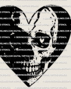 Heart skull tattoo stencil design, split black heart with skull face detail and heart eye, clean printable stencil file for tattooing