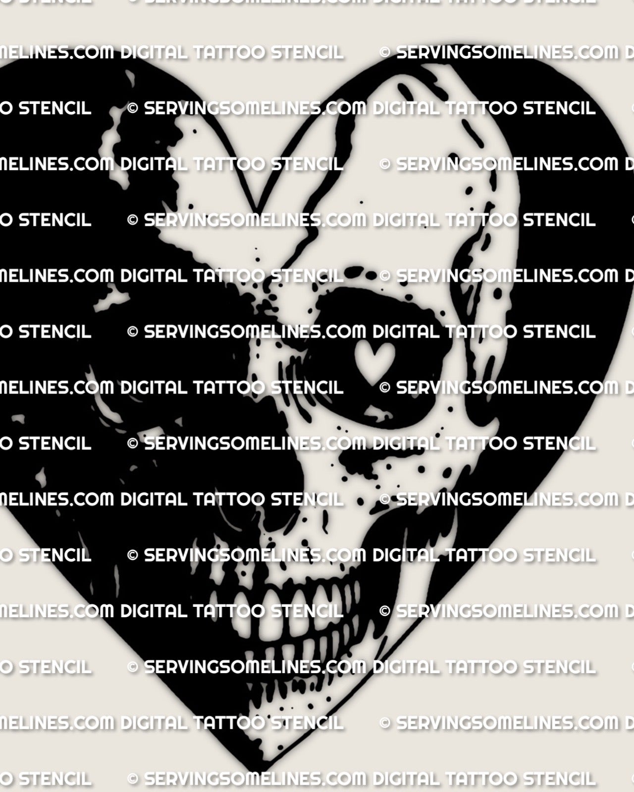 Heart skull tattoo stencil design, split black heart with skull face detail and heart eye, clean printable stencil file for tattooing