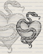 Heart snake tattoo art, coiling serpent around a classic heart shape, crisp outline for tattoo stencil transfer, easy to resize.