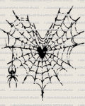 Heart-shaped web with black heart center and suspended spider, heart spider web tattoo stencil linework with dotted thread texture