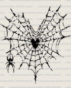 Heart-shaped web with black heart center and suspended spider, heart spider web tattoo stencil linework with dotted thread texture