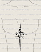 Sternum placement sword tattoo stencil, heart hilt detail, vertical fit, clean printable files for tattooer.