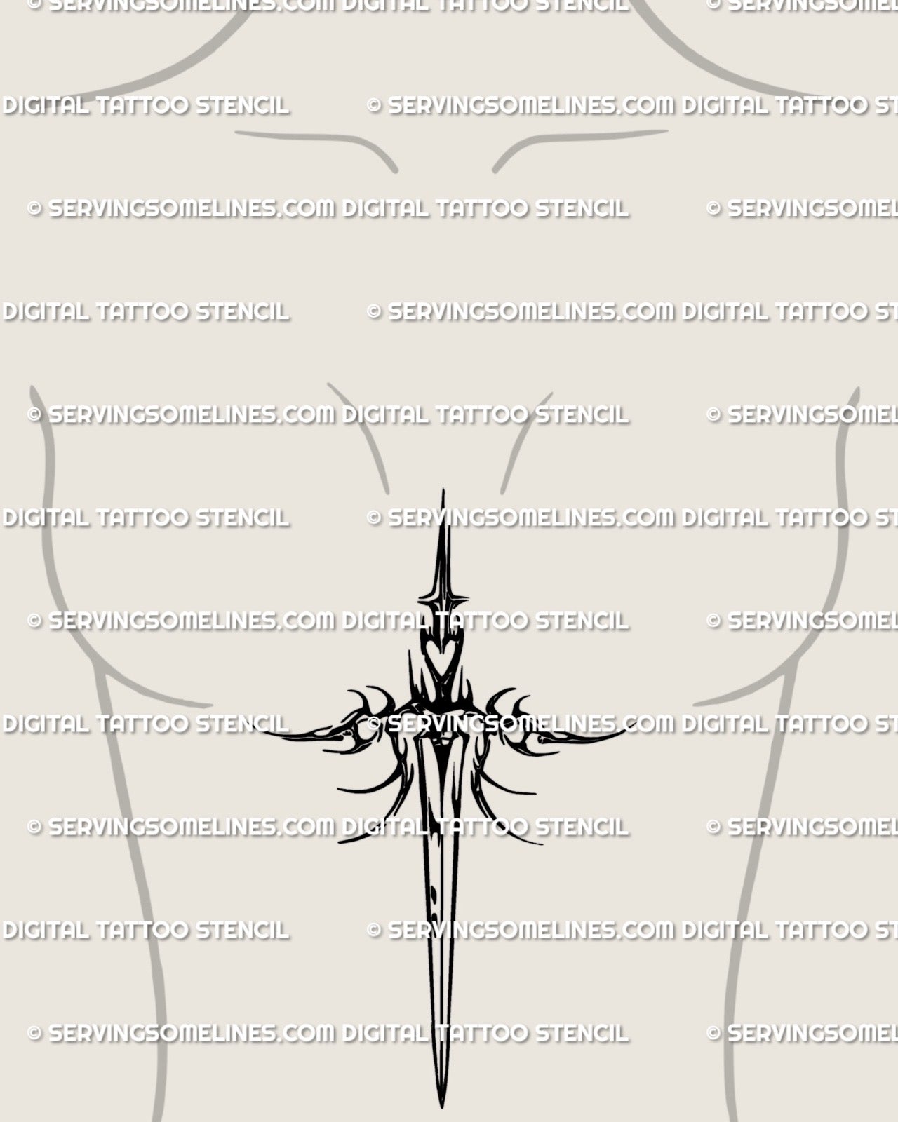 Sternum placement sword tattoo stencil, heart hilt detail, vertical fit, clean printable files for tattooer.