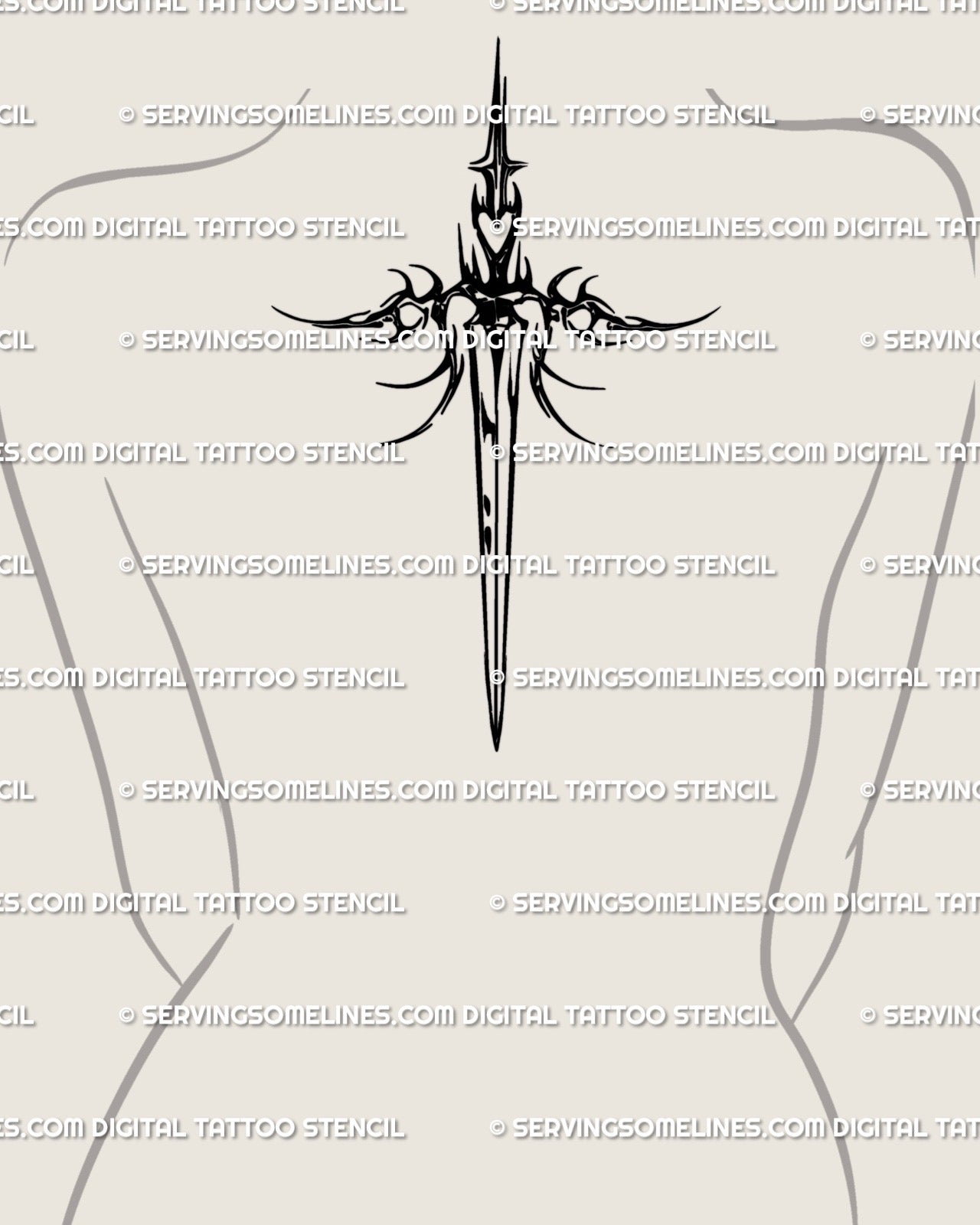 Upper back placement, heart hilt sword tattoo stencil centered, bold blackwork long sword silhouette.