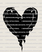 Heart tattoo for men stencil, graphic black heart emblem with crisp outline and simple highlight detail, ready for tattoo transfer.