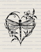 Heart tattoo stencil with botanical outline, slim dragonfly wings across the center, open spacing made for clean printing.