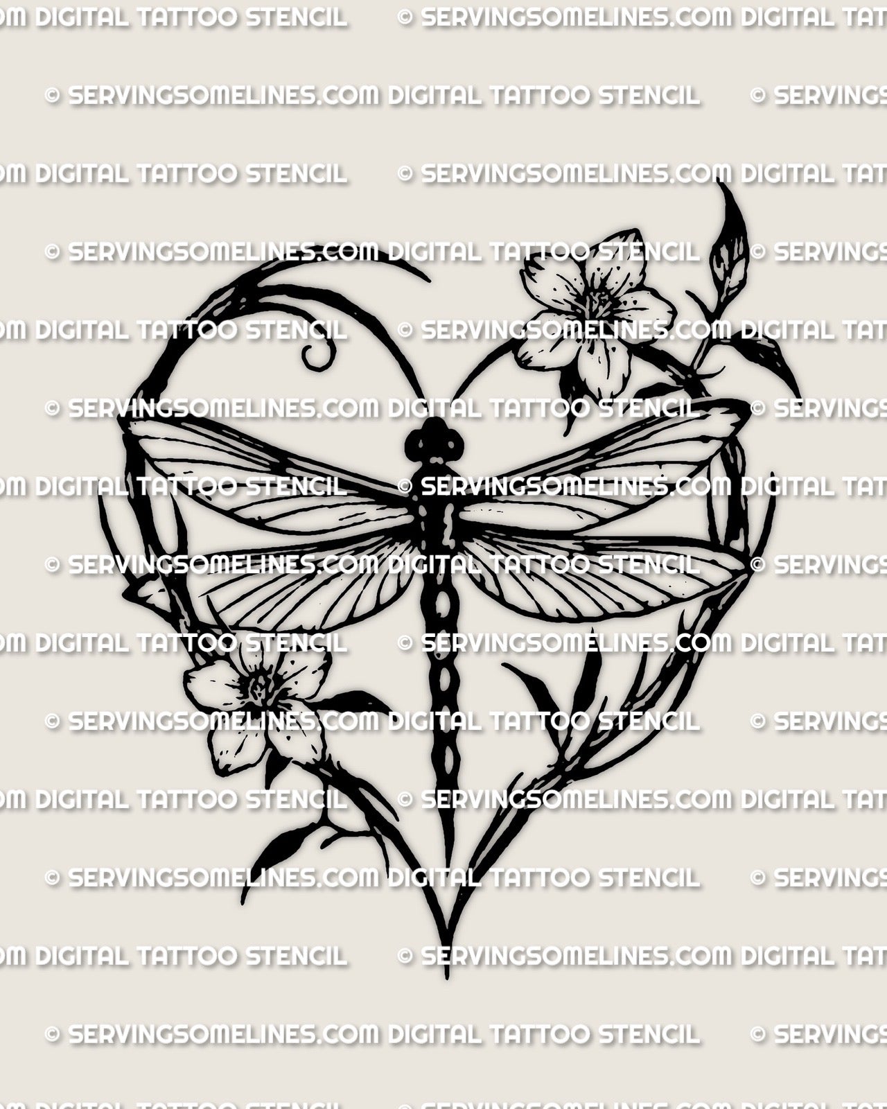 Heart tattoo stencil with botanical outline, slim dragonfly wings across the center, open spacing made for clean printing.