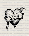 MOM heart tattoo stencil with bold ribbon banner lettering and solid black heart shape, traditional flash style look, crisp edges for stencil printing.