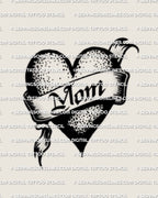 MOM heart tattoo stencil with bold ribbon banner lettering and solid black heart shape, traditional flash style look, crisp edges for stencil printing.