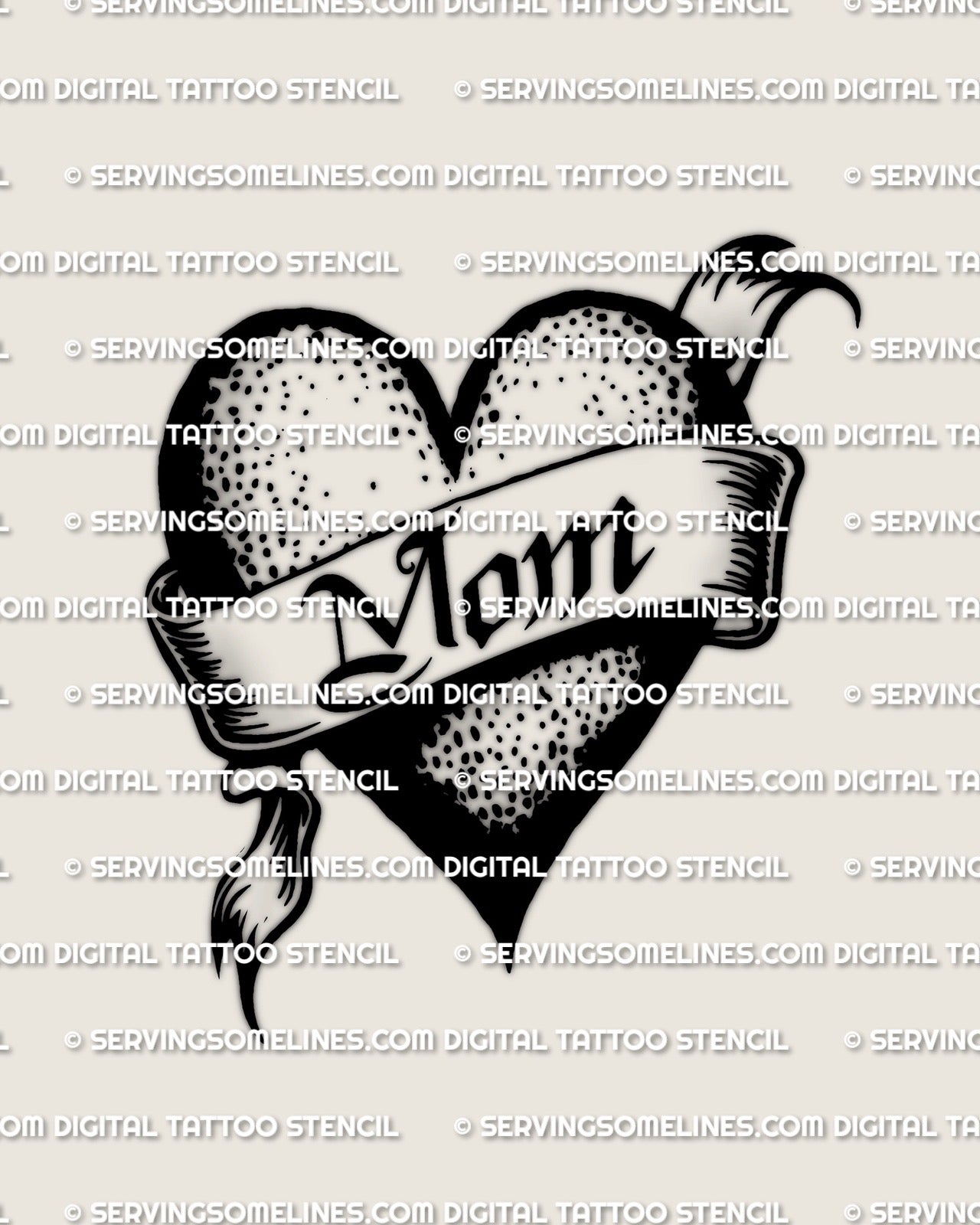 MOM heart tattoo stencil with bold ribbon banner lettering and solid black heart shape, traditional flash style look, crisp edges for stencil printing.