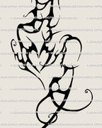 Close-up of the neotribal tattoo design showing heart, thorn, and curved vine details in modern floral ornamental linework.