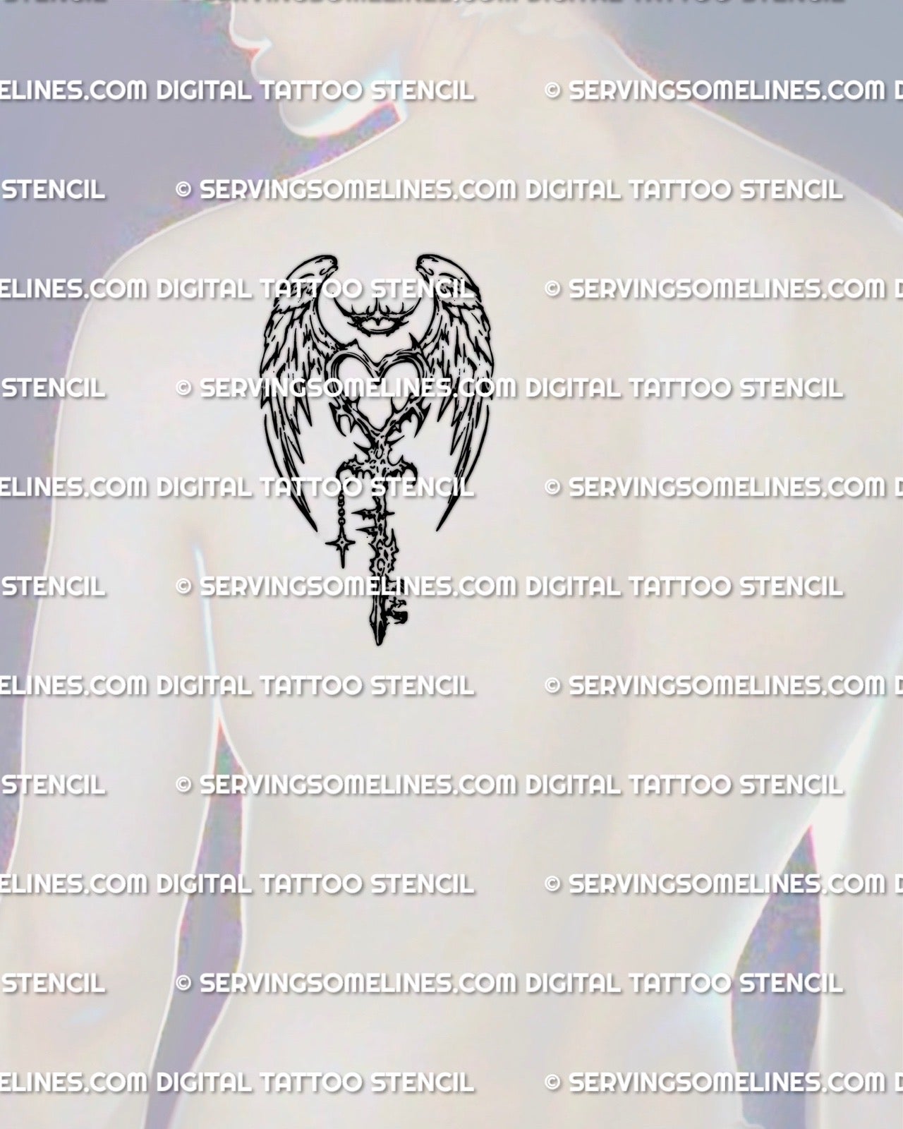 Angel wing heart key tattoo design shown on mens shoulder placement, winged key stencil with heart top, sharp cyber tribal crown and charm.