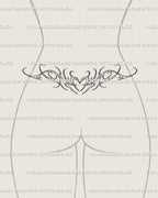 Heart tramp stamp tattoo outline design with a low wide layout and tapered neotribal side points