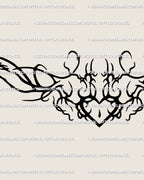 Close detail of the heart tramp stamp tattoo stencil showing the centered heart and sharp ornamental side flow.