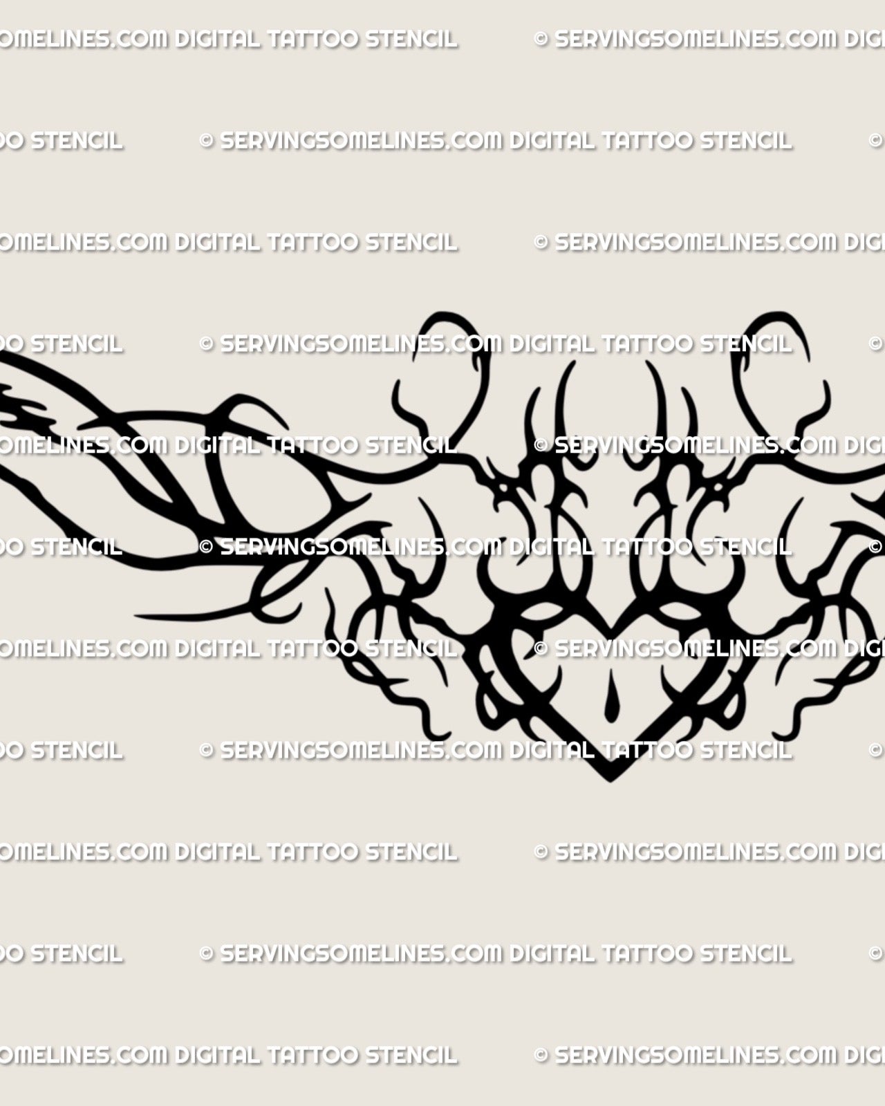 Close detail of the heart tramp stamp tattoo stencil showing the centered heart and sharp ornamental side flow.