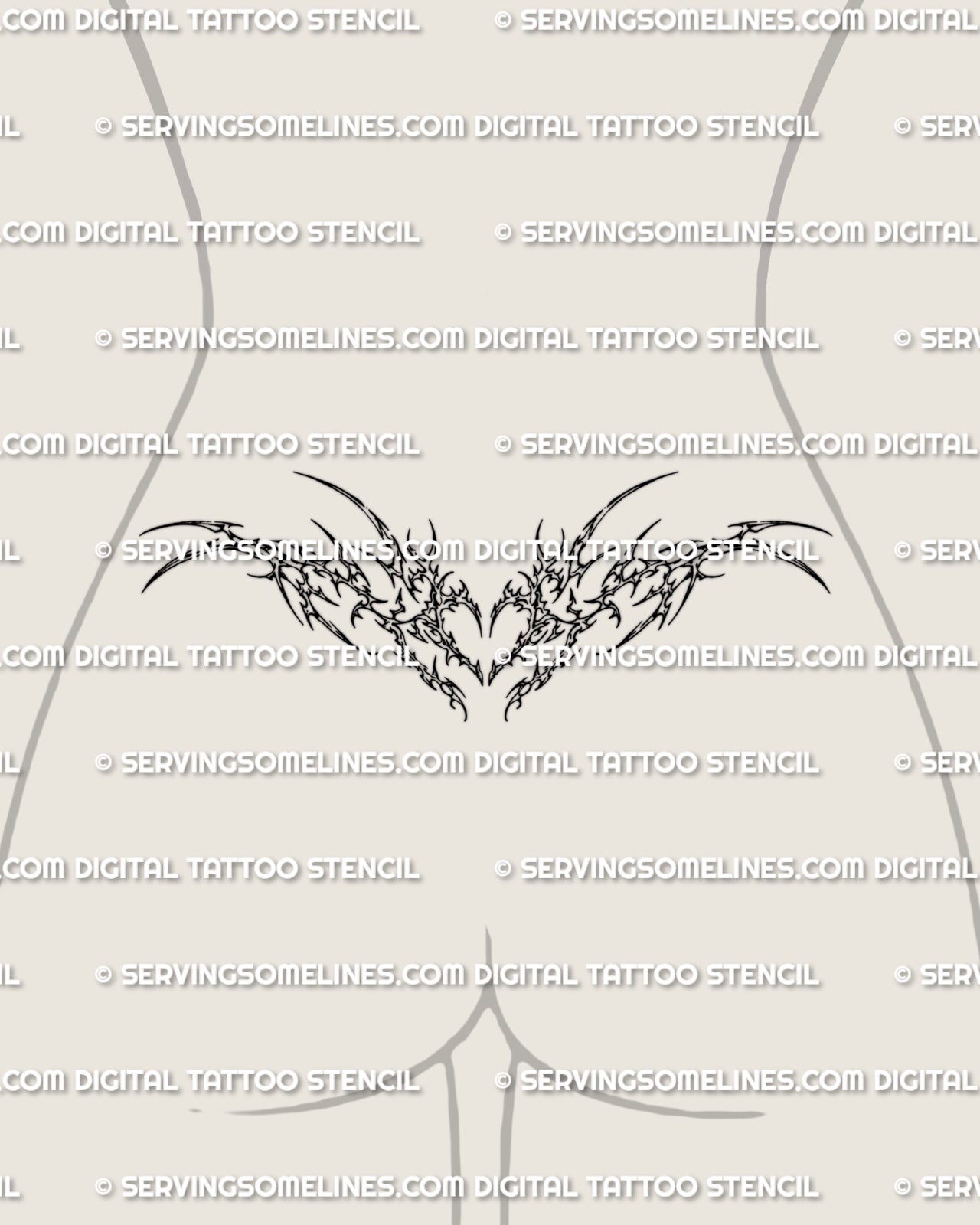 Heart tramp stamp tattoo stencil displayed on low waist placement with cyber sigil detail and a sharp heart center