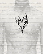 Heart tribal tattoo stencil shown on mens chest center placement, black tribal heart tattoo with sharp tapered tips.