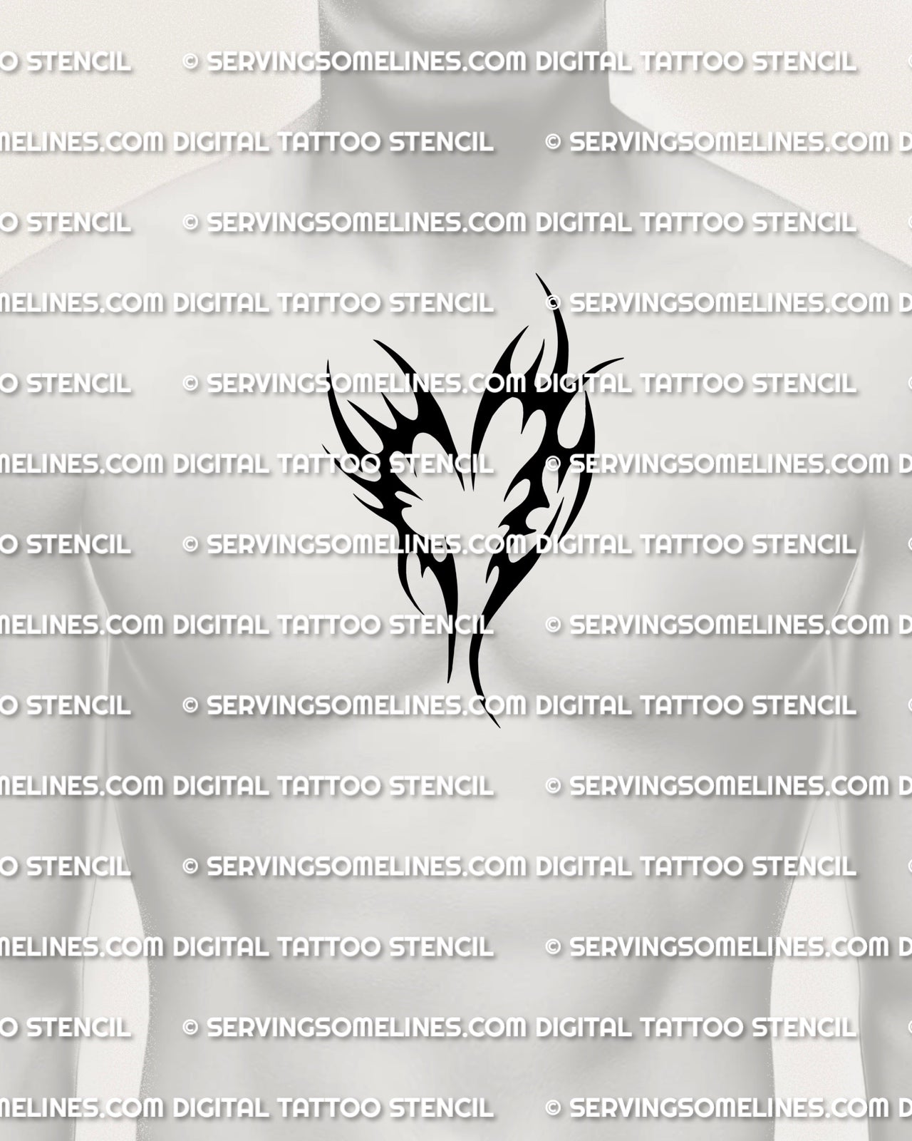 Heart tribal tattoo stencil shown on mens chest center placement, black tribal heart tattoo with sharp tapered tips.