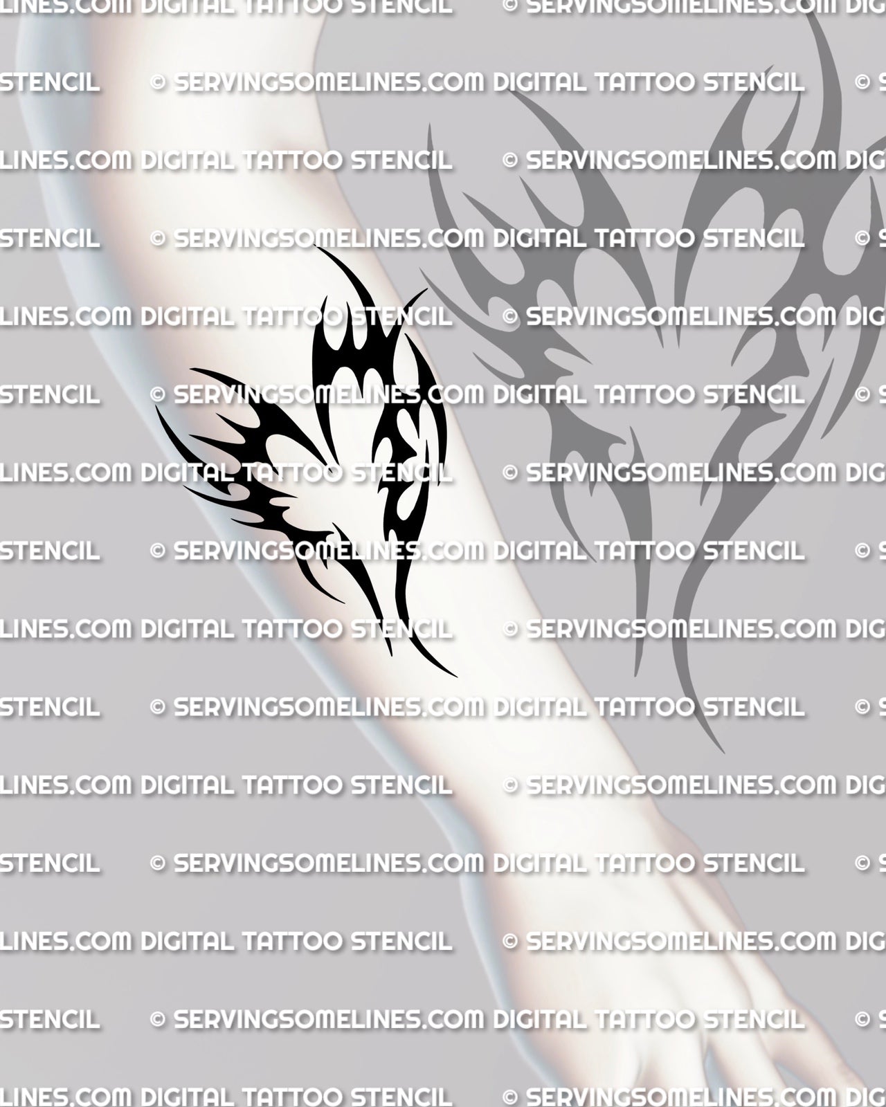 Heart tribal tattoo stencil shown on forearm placement, classic heart tribal tattoo with thick curves and clear gaps.
