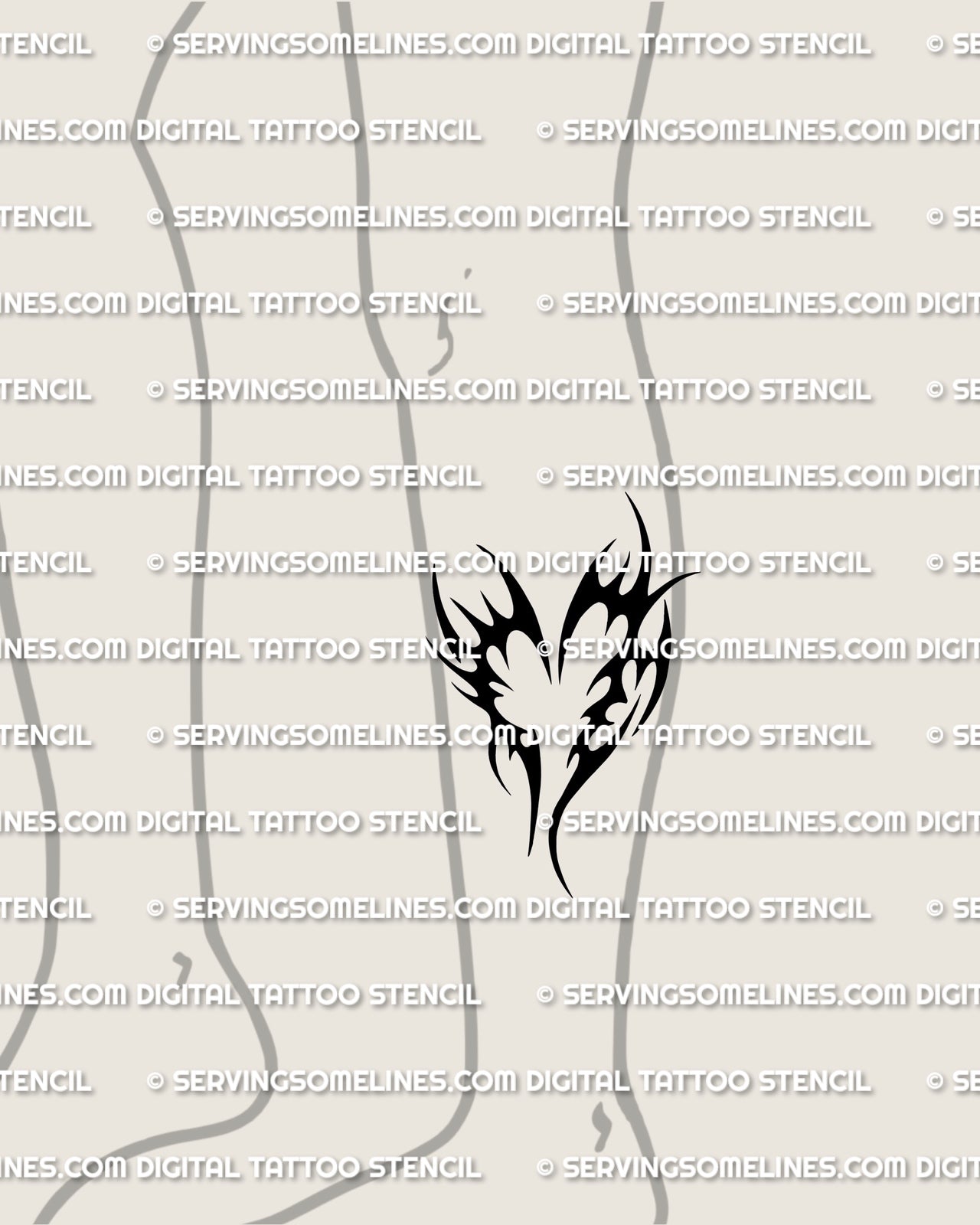Heart tribal tattoo stencil shown on lower leg placement, heart tattoo stencil with classic tribal swoops and clear spacing.