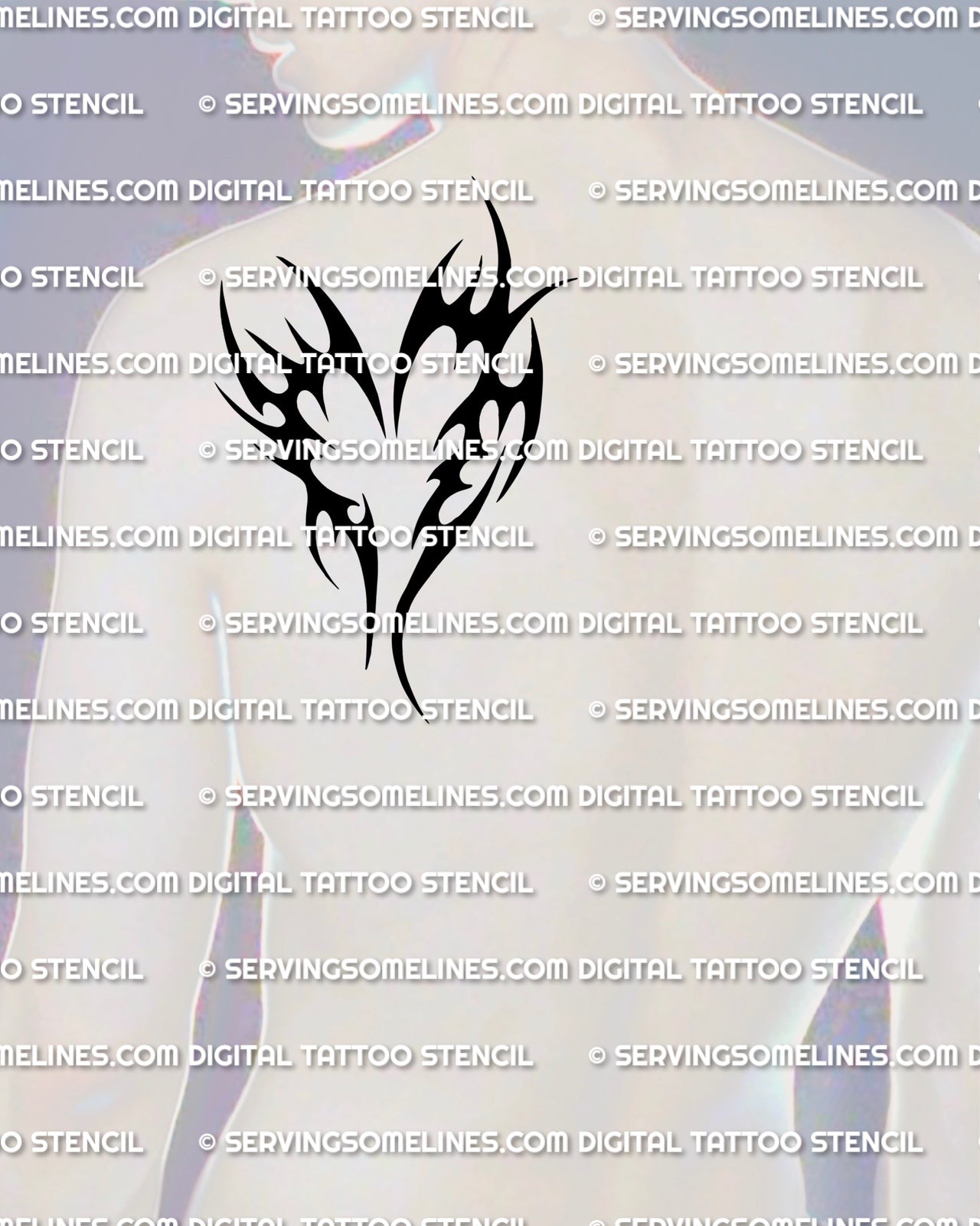 Heart tribal tattoo stencil displayed on mens shoulder placement, black tribal heart tattoo silhouette with open negative space.