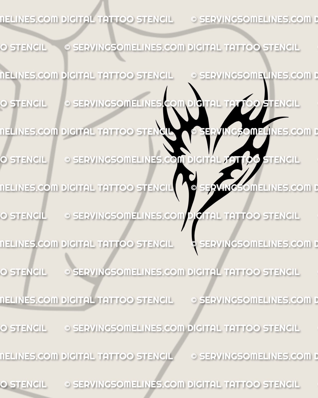 Heart tribal tattoo stencil shown on womens arm placement, classic heart tribal tattoo with smooth curves and open gaps.