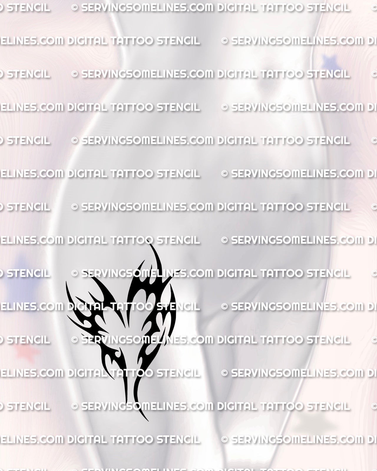 Heart tribal tattoo stencil displayed on womens hip placement, black tribal heart tattoo with bold outline and negative space.