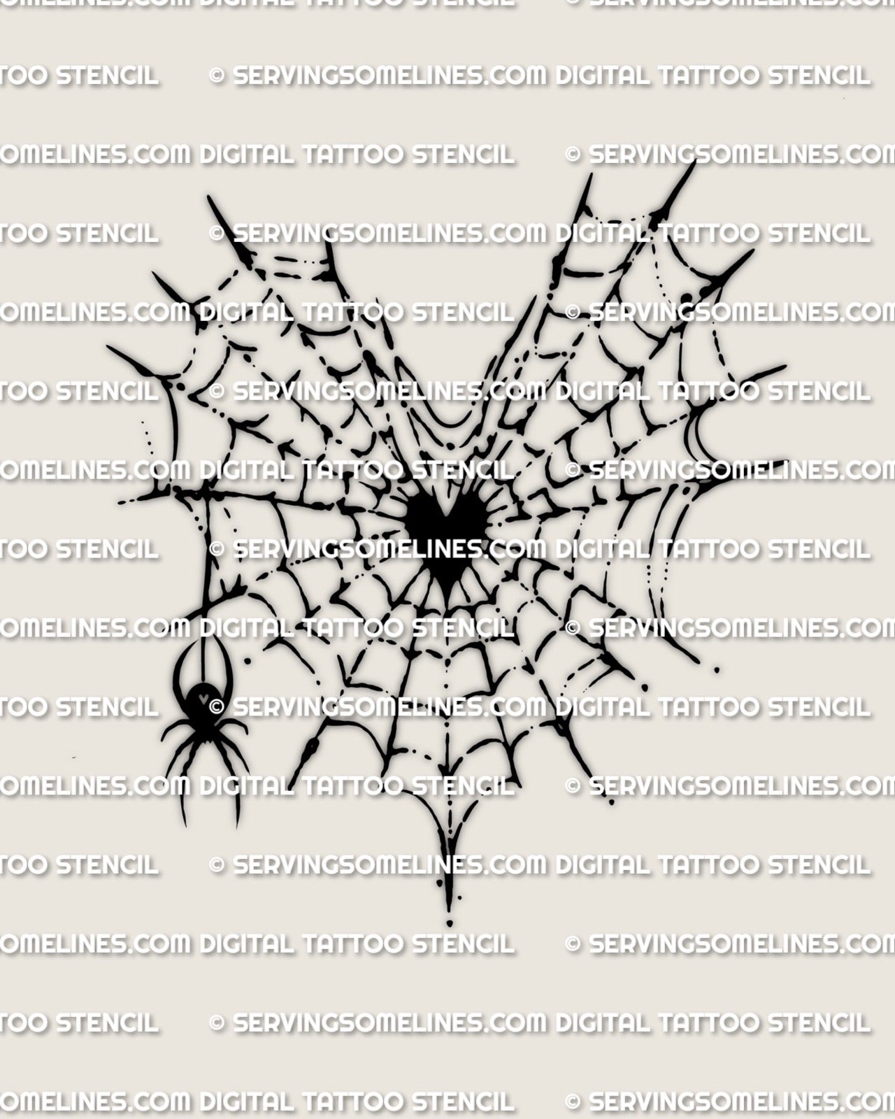 Heart web tattoo stencil file showing textured web spokes around a dark heart core, clean outline made for printable transfer