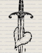 Heart with dagger tattoo stencil file, bold heart pierced by a short dagger, high resolution line art for printing and stencil use