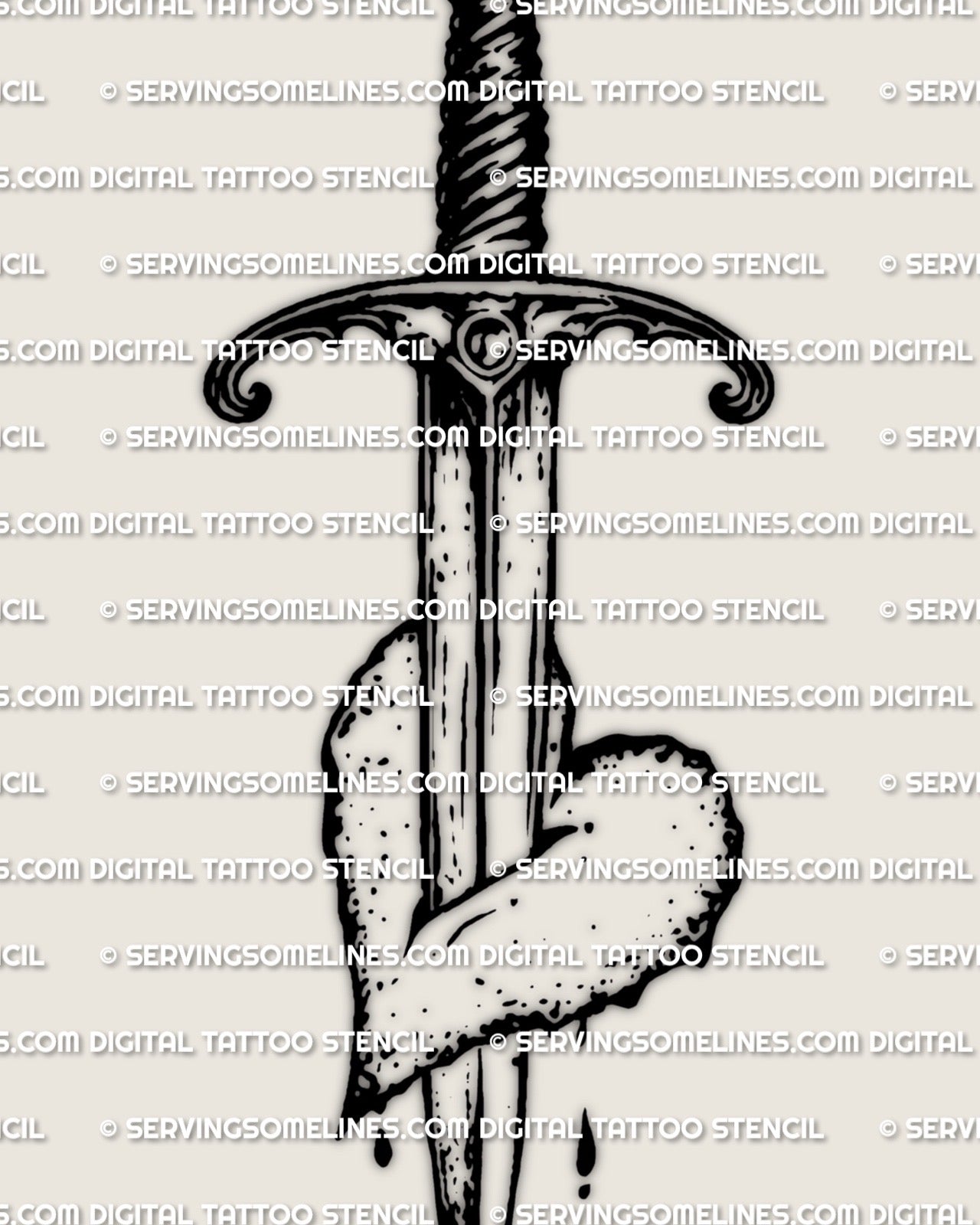 Heart with dagger tattoo stencil file, bold heart pierced by a short dagger, high resolution line art for printing and stencil use