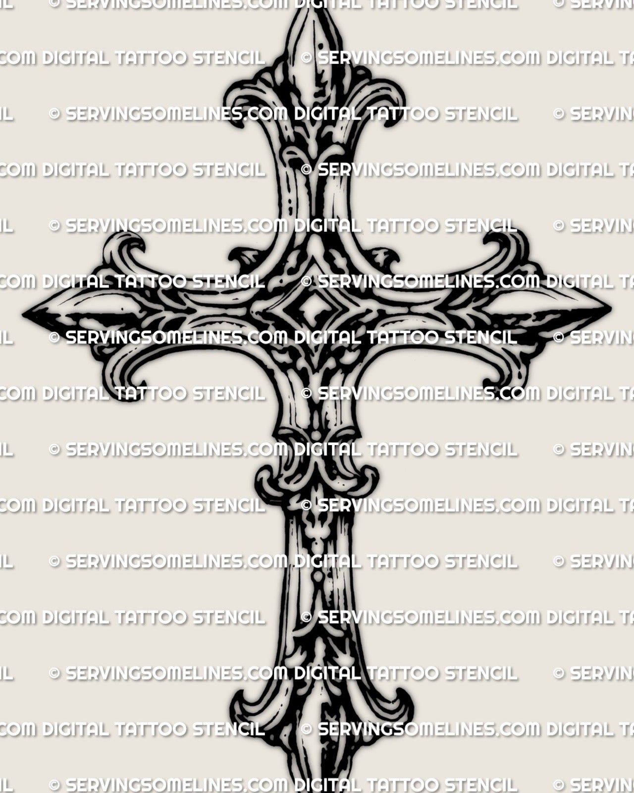 Heraldic cross flory tattoo stencil showing fleur ends and elegant carved patterns in dark ornamental contrast