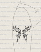 hip placement of a butterfly wing tattoo with sharp gothic edges and abstract ornamental curves drawn in dark linework