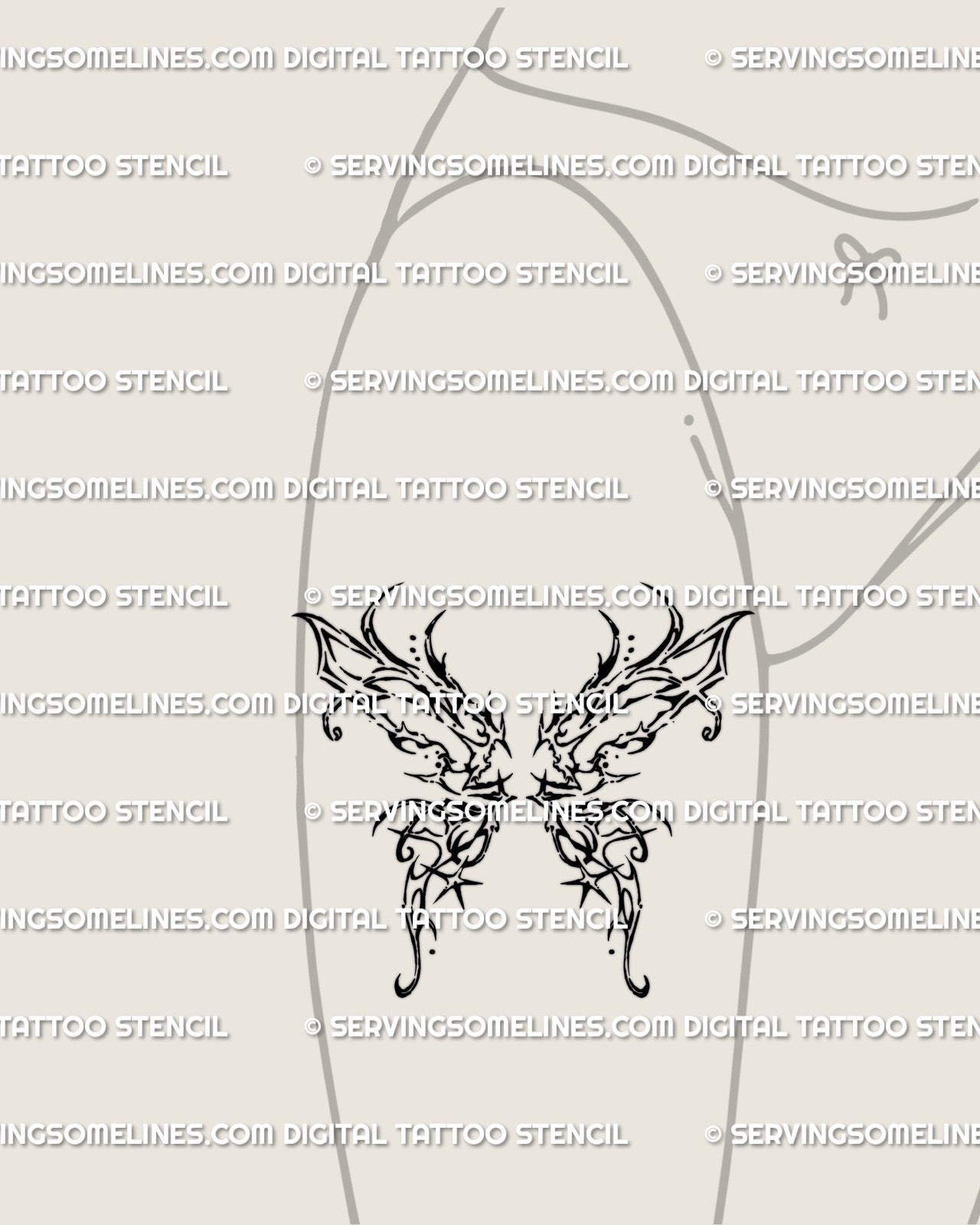 hip placement of a butterfly wing tattoo with sharp gothic edges and abstract ornamental curves drawn in dark linework