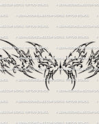 Close up of the cyber butterfly tattoo, showing the butterfly center, sharp wing edges, and pointed framing detail.