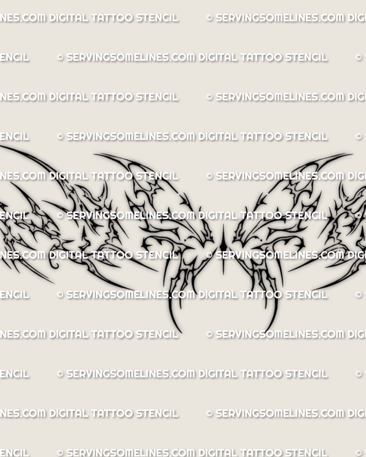 Close up of the cyber butterfly tattoo, showing the butterfly center, sharp wing edges, and pointed framing detail.