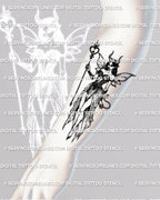Horned devil fairy tattoo stencil displayed on female forearm, gothic wings and demon staff details shown as clean digital stencil for dark fantasy tattoo lovers.
