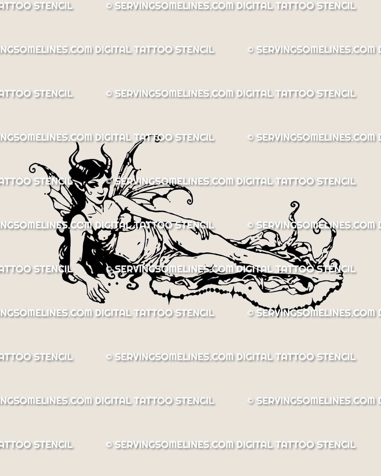 Horned fairy tattoo stencil with delicate wings and curved horns, elegant fantasy fae linework design for women.