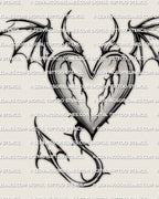 Horned heart tattoo design stencil, curved horns and devil tail silhouette, light shading with bold outline for easy resizing