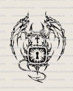 Horned padlock with demon wings tattoo stencil, neotribal and cyber tribal linework, sharp tail curl detail.