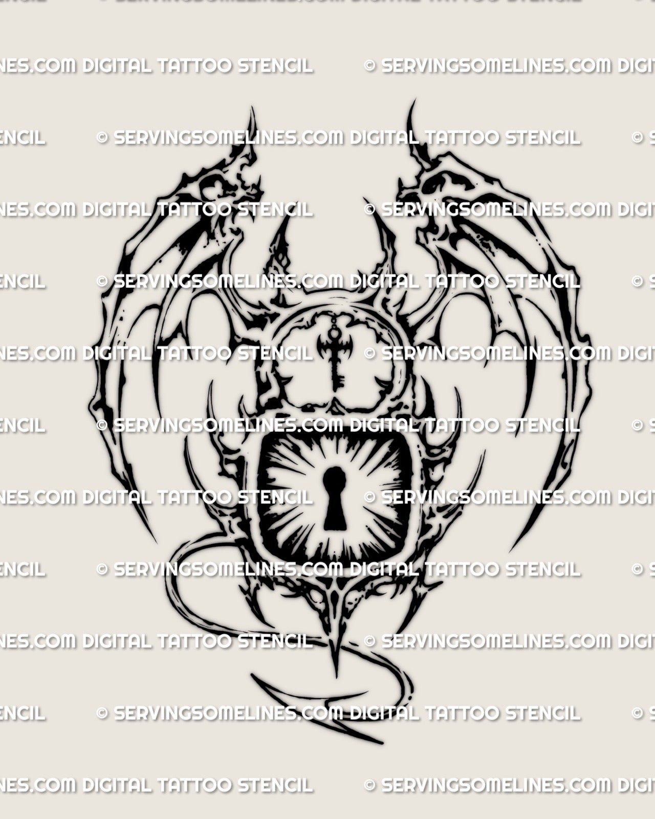 Horned padlock with demon wings tattoo stencil, neotribal and cyber tribal linework, sharp tail curl detail.